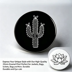 Pin botánico cactus y loto – Insignia broche minimalista redondo
