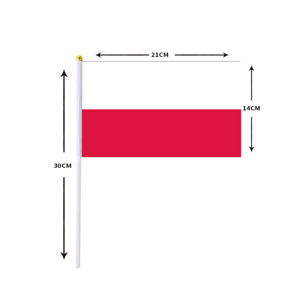 Bandera de Polonia con asta de mano mostrando los colores blanco y rojo