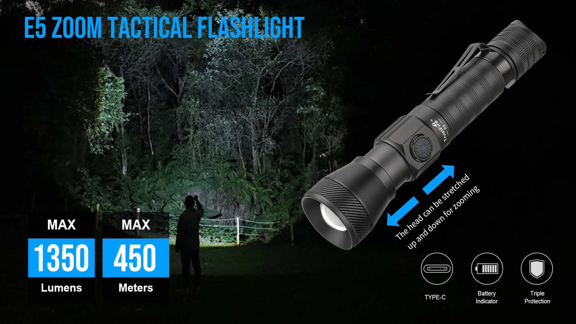 Linterna LED táctica Trustfire E5 con zoom extensible