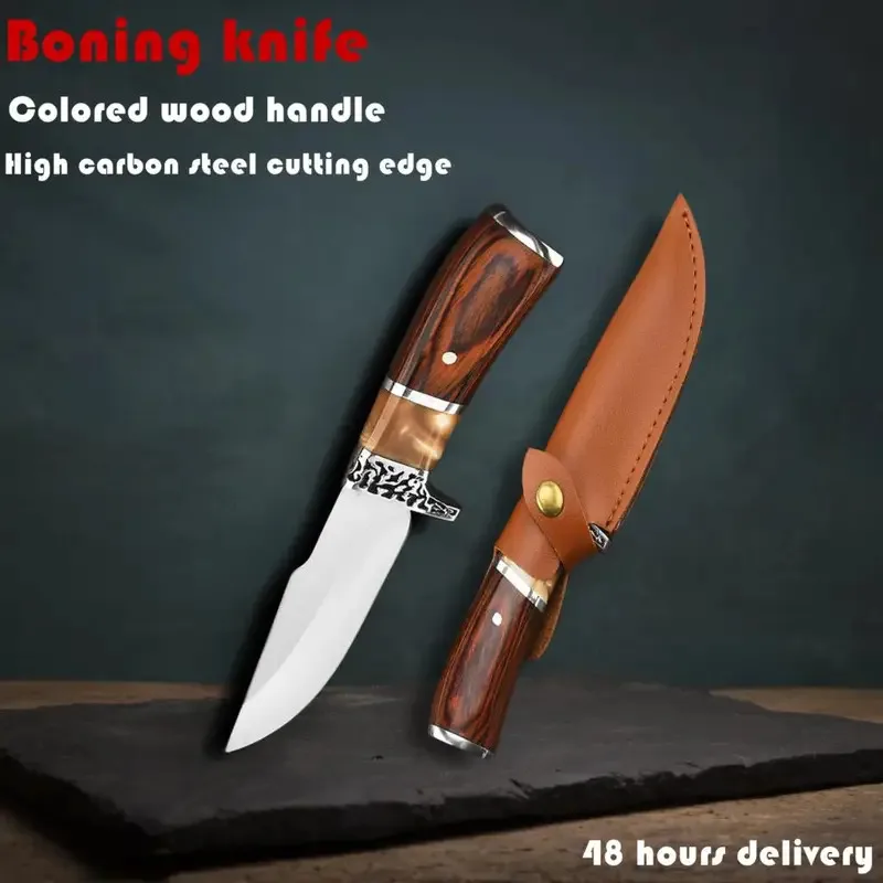 Cuchillo de caza deshuesar, mango madera colores para carne camping - imagen 3