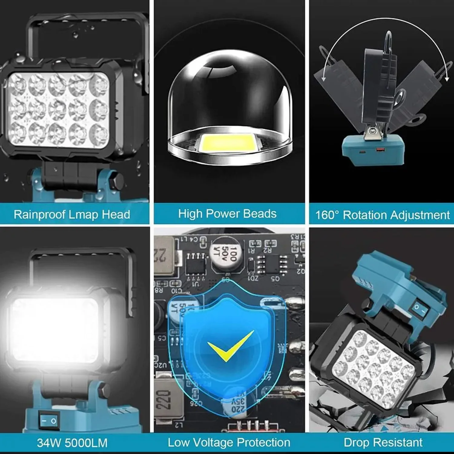 Lámpara LED portátil para exteriores con USB Dewalt/Makita/Milwaukee - imagen 3