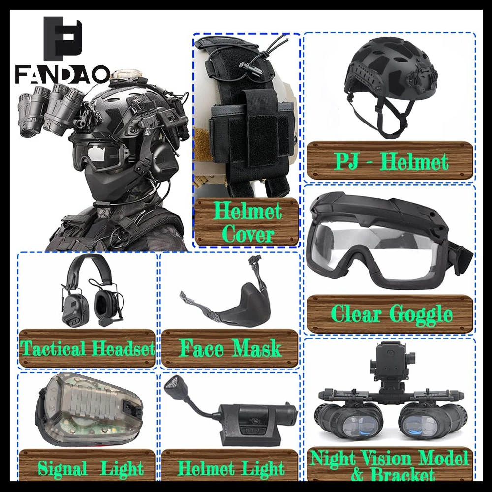 Casco táctico high cut Paintball con máscara, soporte NVG, luz y auriculares - imagen 5