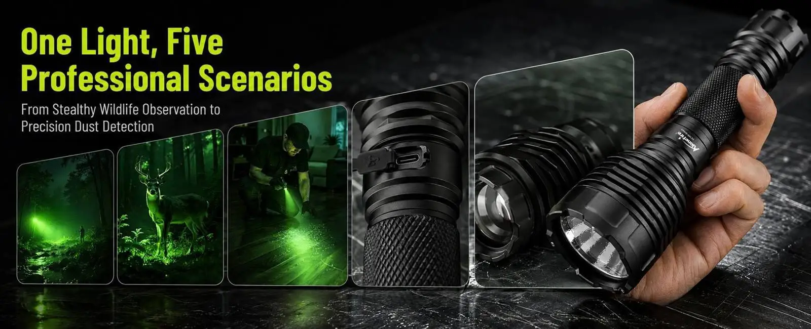 Linterna LED verde Alonefire en acabado negro