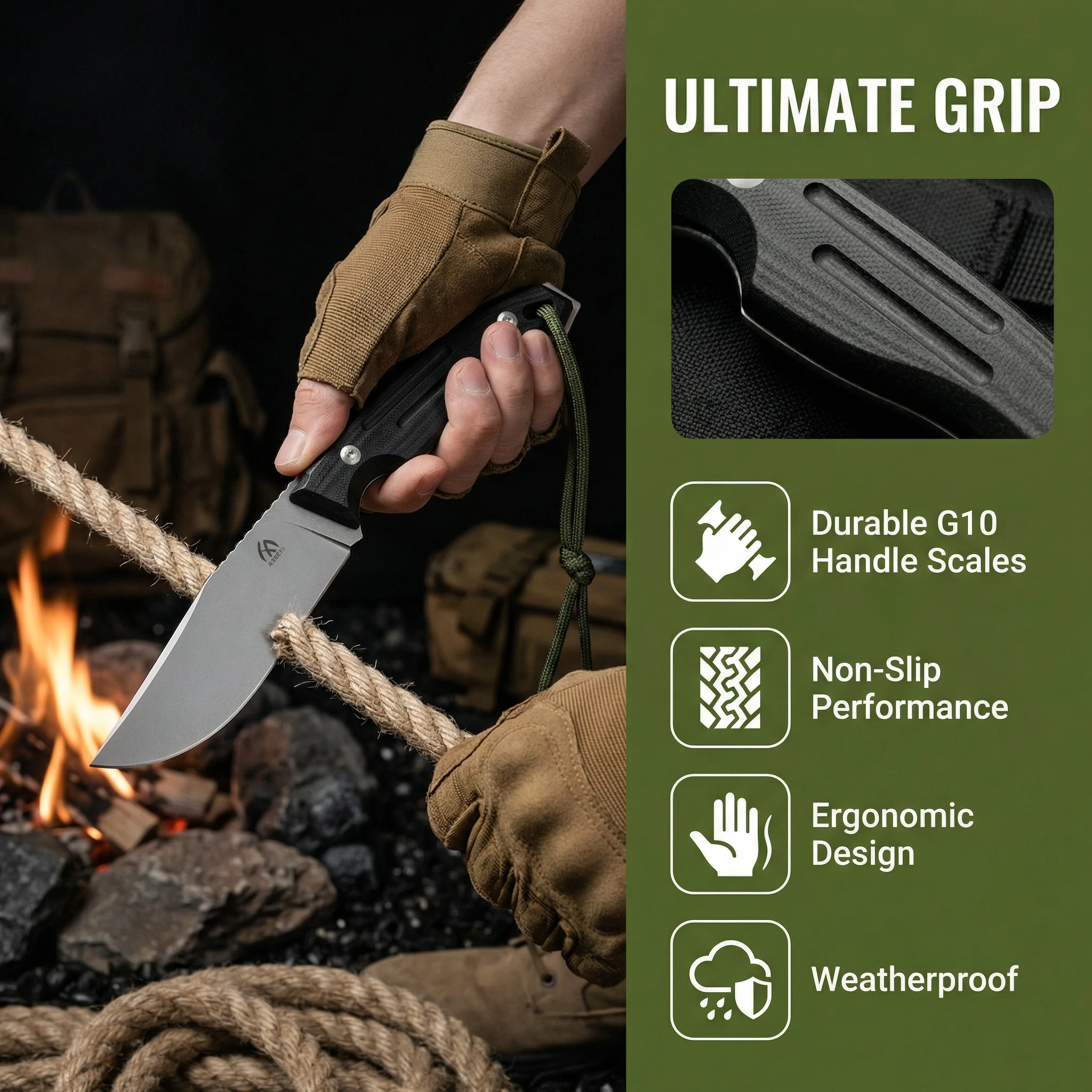 Cuchillo táctico de hoja fija G10 resistente con funda, exterior - imagen 5