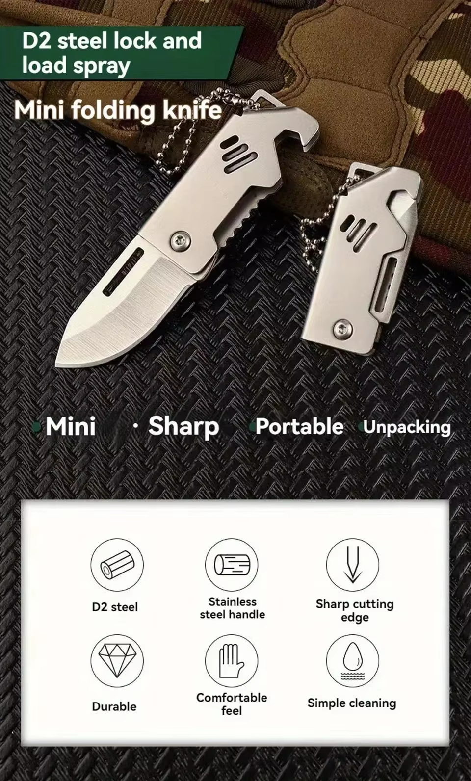 Mini cuchillo plegable con cadena para llaves