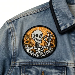 Parche bordado esqueleto Never Better floral con velcro para chaqueta
