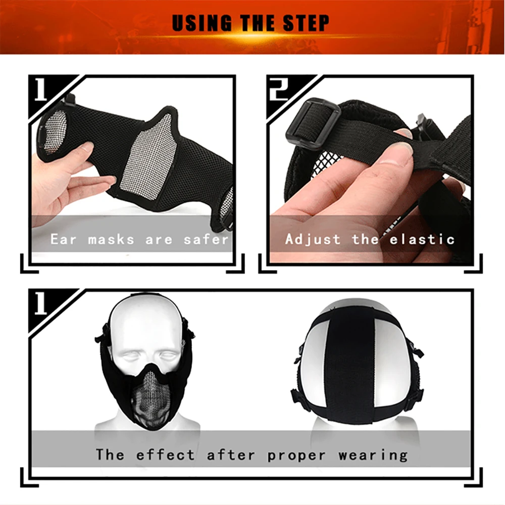 Máscara táctica airsoft media cara plegable malla acero con orejeras - imagen 5