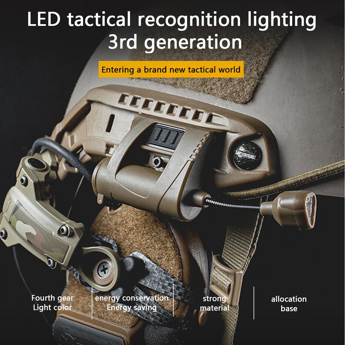 Luz frontal LED modular instalada en un casco táctico