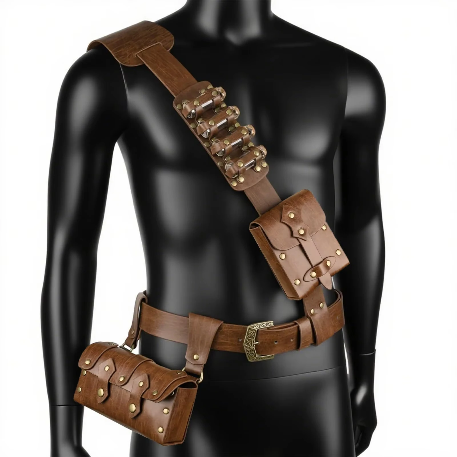 Cinturón táctico de cuero medieval con riñonera retro y bolsillos - imagen 2