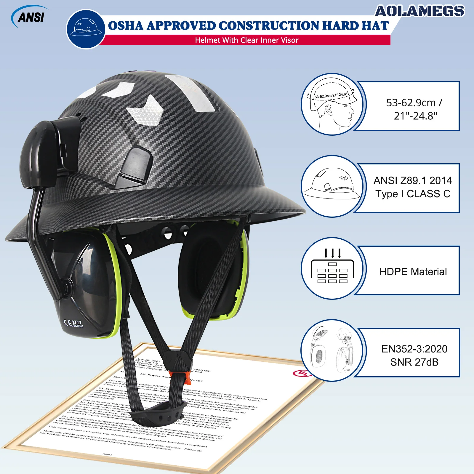 Casco con ala completa y orejeras para trabajos en exteriores