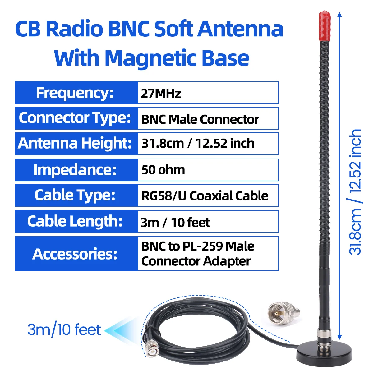 ABBREE antena CB 27MHz alta ganancia SMA BNC para radio Quansheng - imagen 3