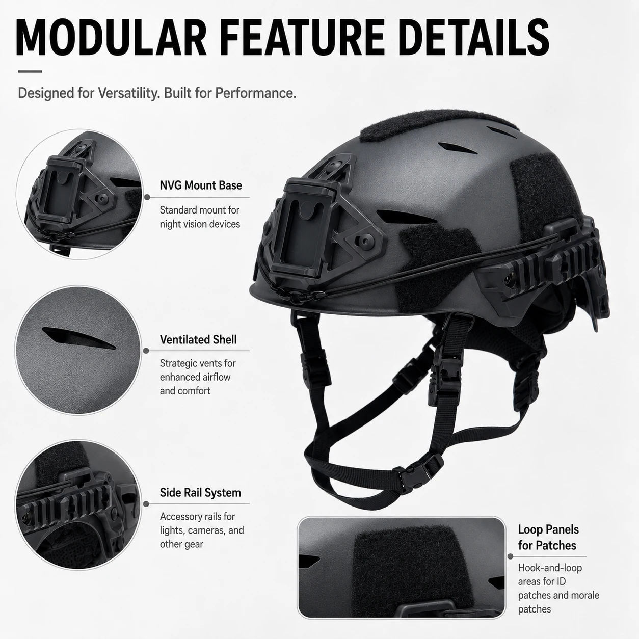 Vista lateral del casco con raíles para accesorios compatibles