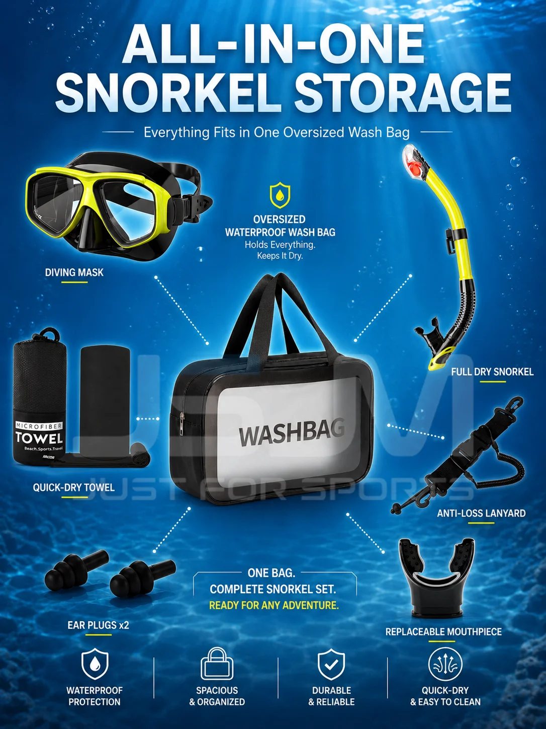 Máscara de buceo de visión amplia y snorkel seco