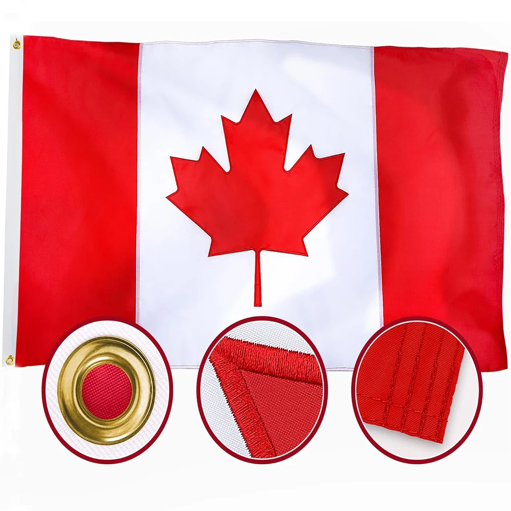 Vista frontal de la bandera canadiense ondeando con su maple leaf bordado