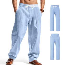Pantalón de lino para hombre, holgado y ligero con cordón