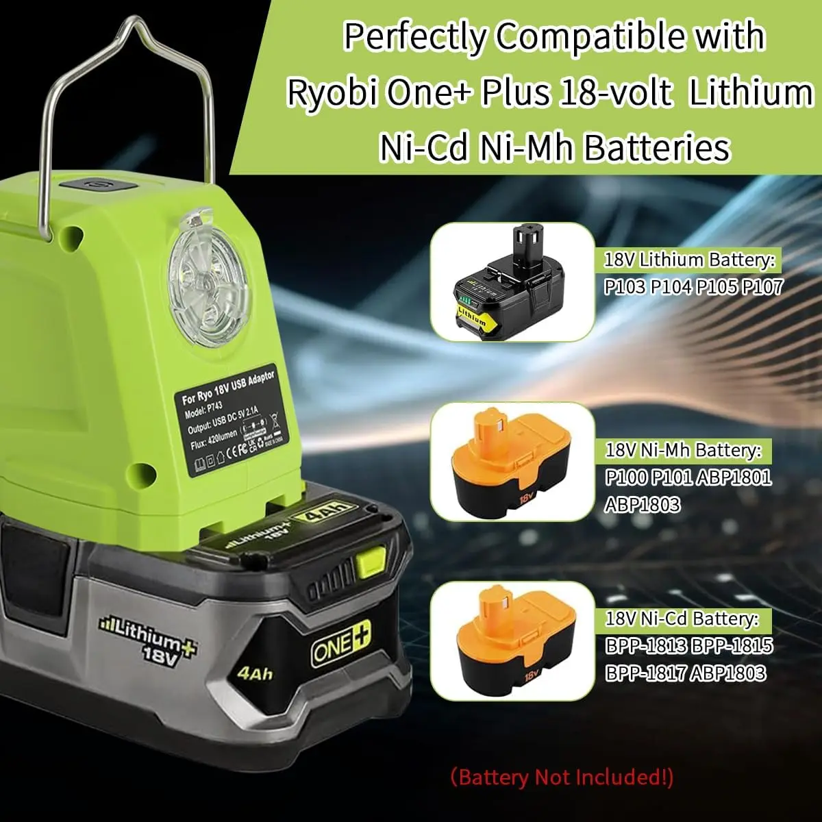 Adaptador batería Ryobi Craftsman USB LED luz de trabajo con gancho - imagen 3