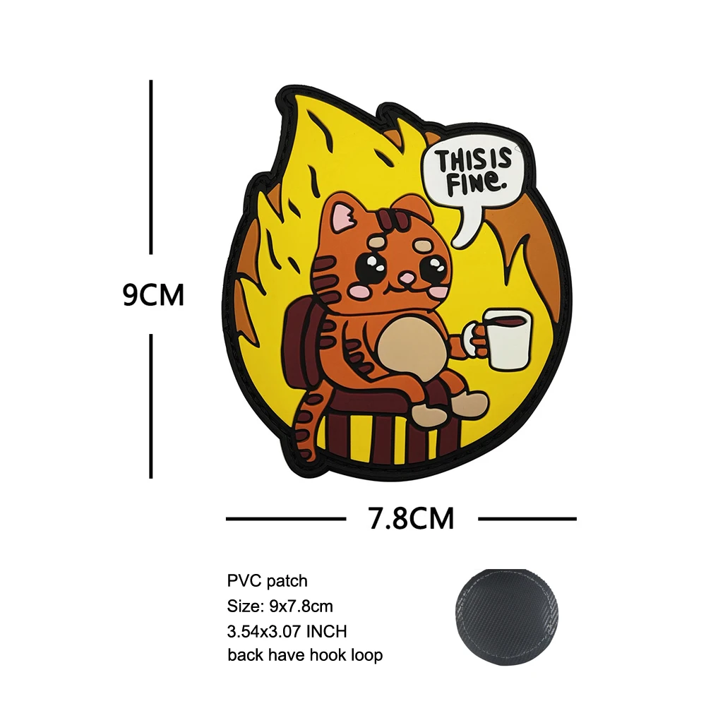 Parche PVC 3D bordado THIS IS FINE Coffee Cat para mochila MOLLE - imagen 4