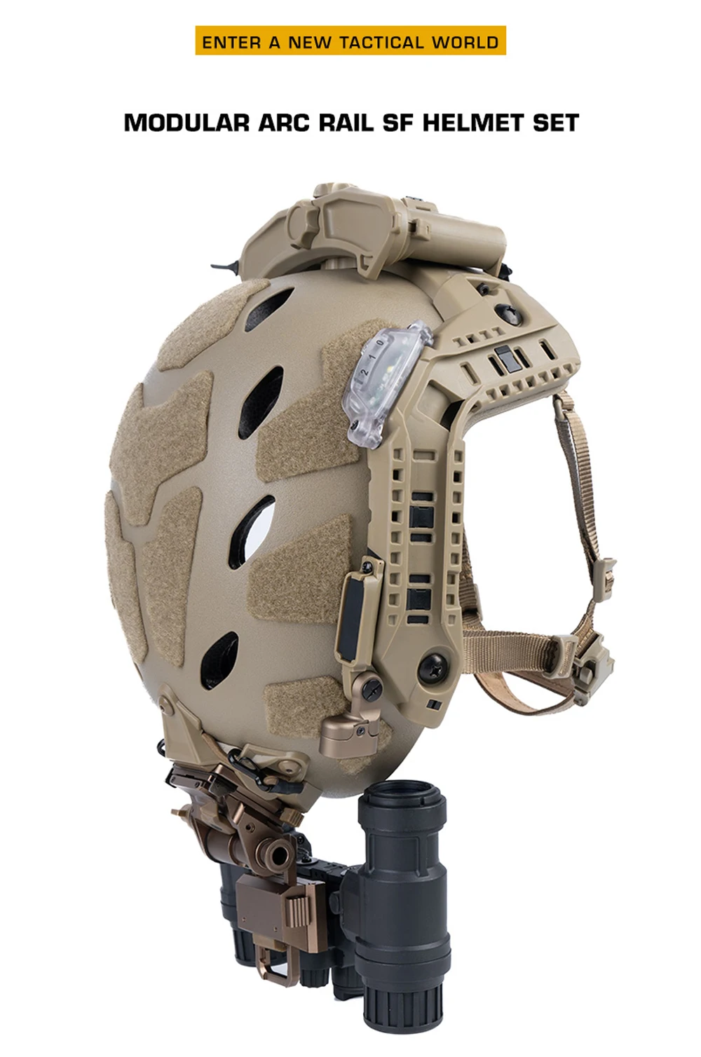 Vista general del casco táctico con sistema de iluminación
