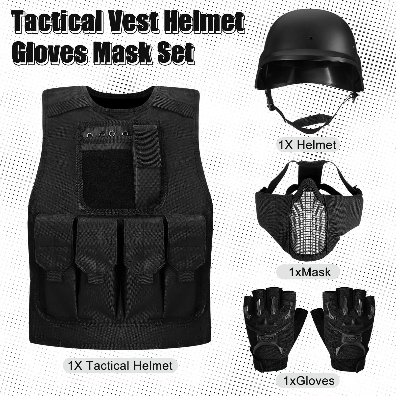 Chaleco táctico infantil Airsoft con casco, guantes y máscara CS
