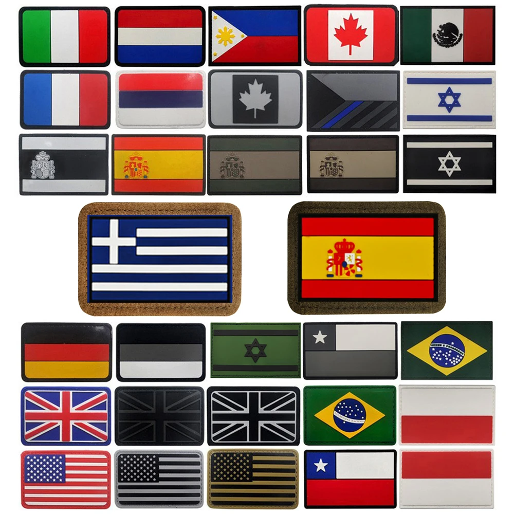 Vista frontal del patch de PVC con bandera nacional sobre fondo oscuro