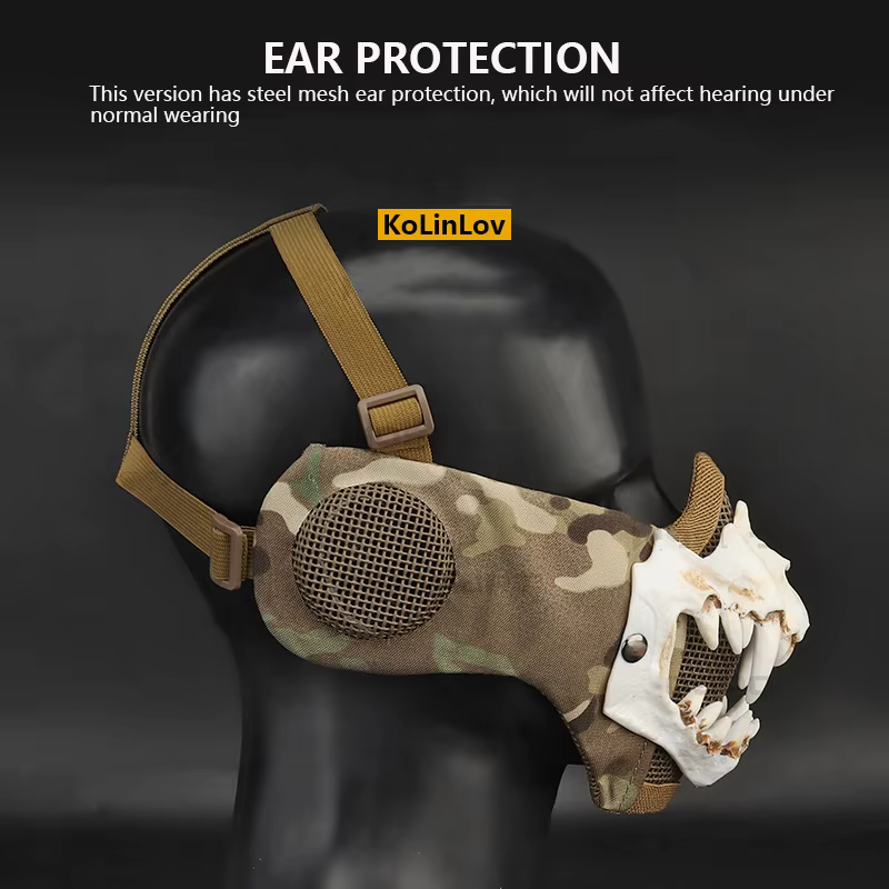 Máscara facial airsoft con protectores oído acero y colmillos vampiro - imagen 3