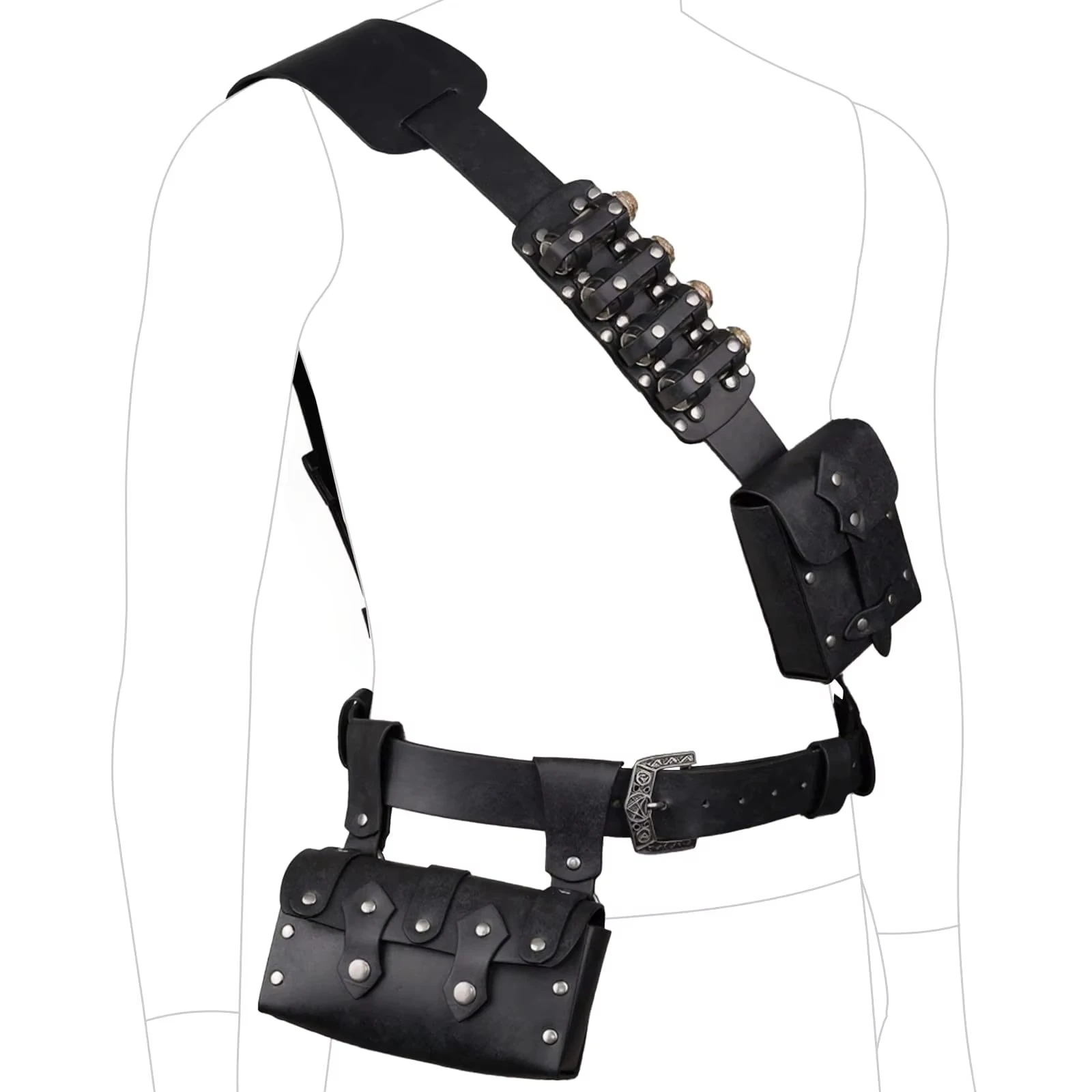 Cinturón táctico de cuero medieval con riñonera retro y bolsillos