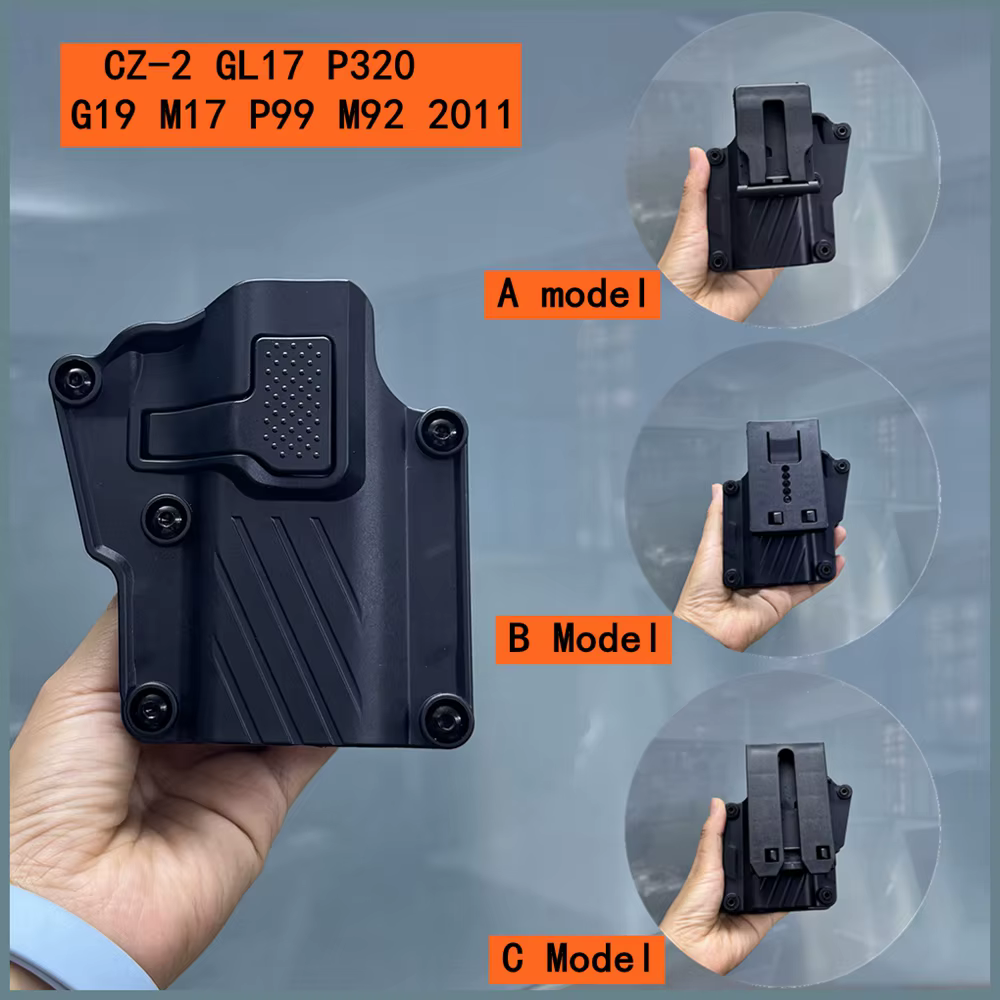 Vista lateral de la funda Kydex negra con clip de cinturón