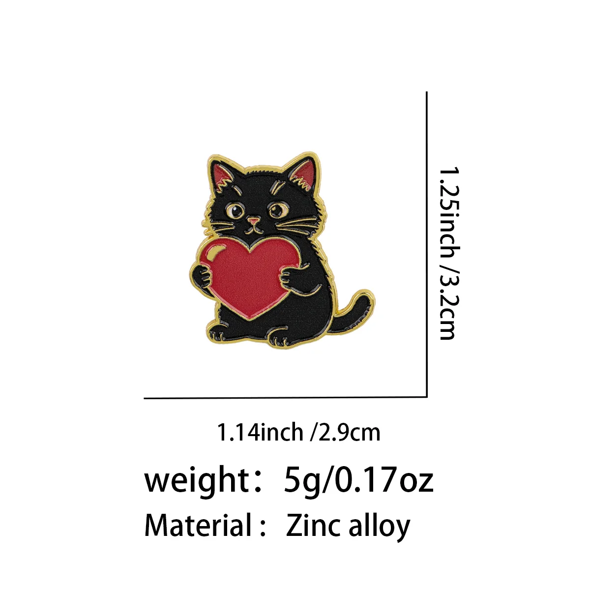 Gato negro con corazón rojo en formato de pin