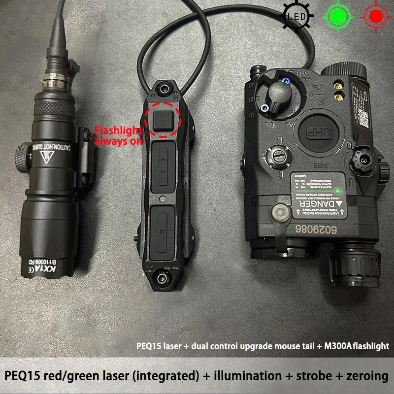 PEQ-15 linterna táctica airsoft con láser rojo y verde estroboscópico