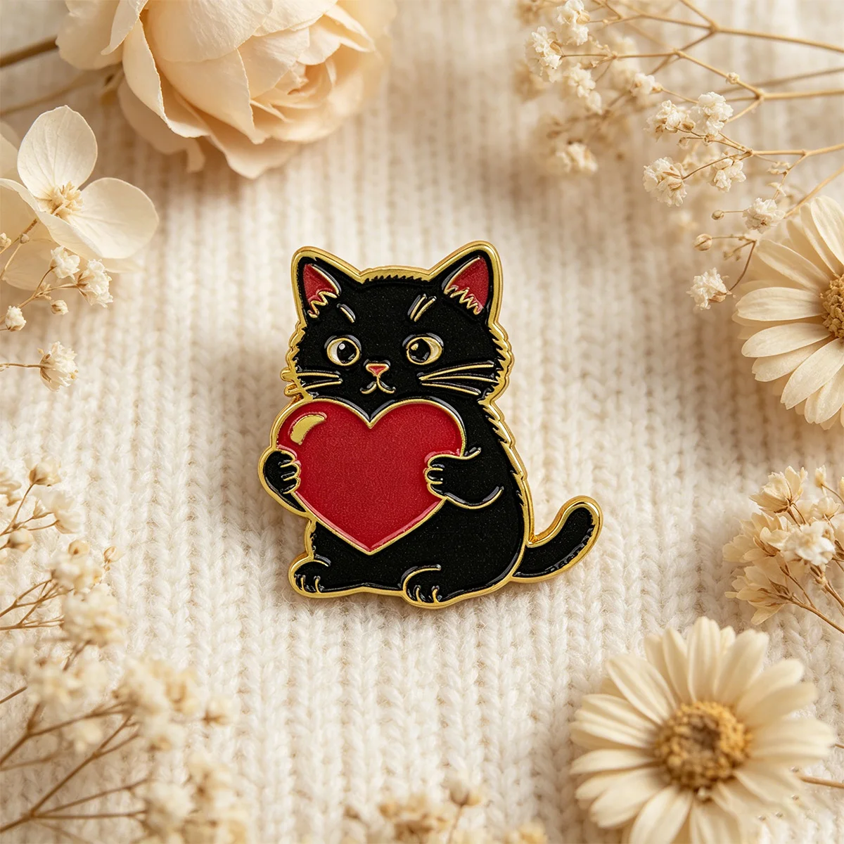 Pin metálico de esmalte gato negro con corazón rojo para mochila - imagen 4