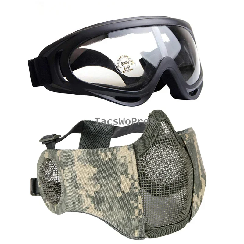 Máscara de airsoft media cara con gafas, malla acero y oídos tácticos - imagen 2