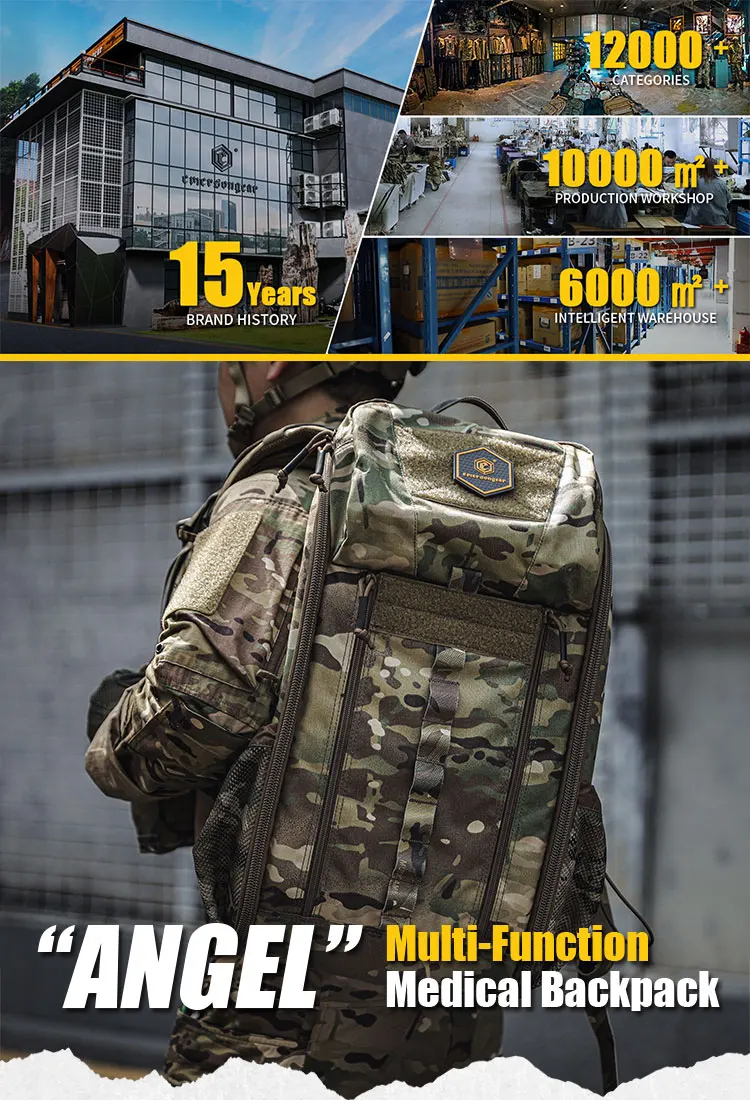 Vista frontal de la mochila mostrando sus compartimentos y cremalleras YKK