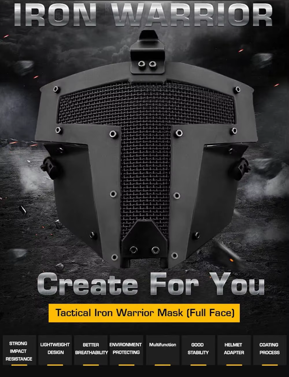 Máscara táctica Iron Warrior de malla de acero, vista frontal