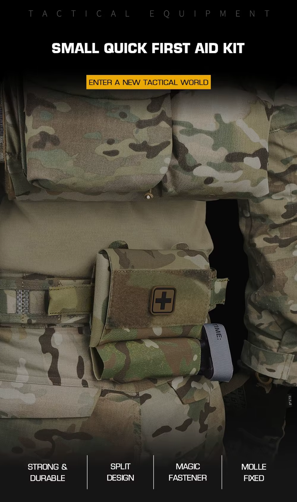 Vista frontal del kit IFAK negro mate mostrando cremalleras y tiras Molle