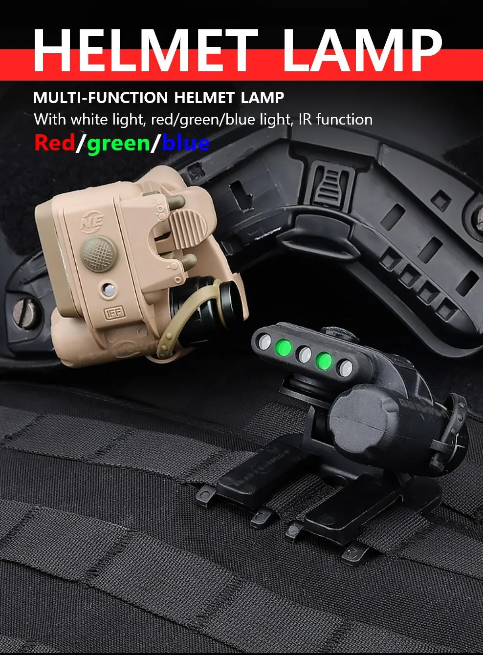 Luz LED WADSN Gen 3 instalada en casco táctico mostrando modo luz blanca