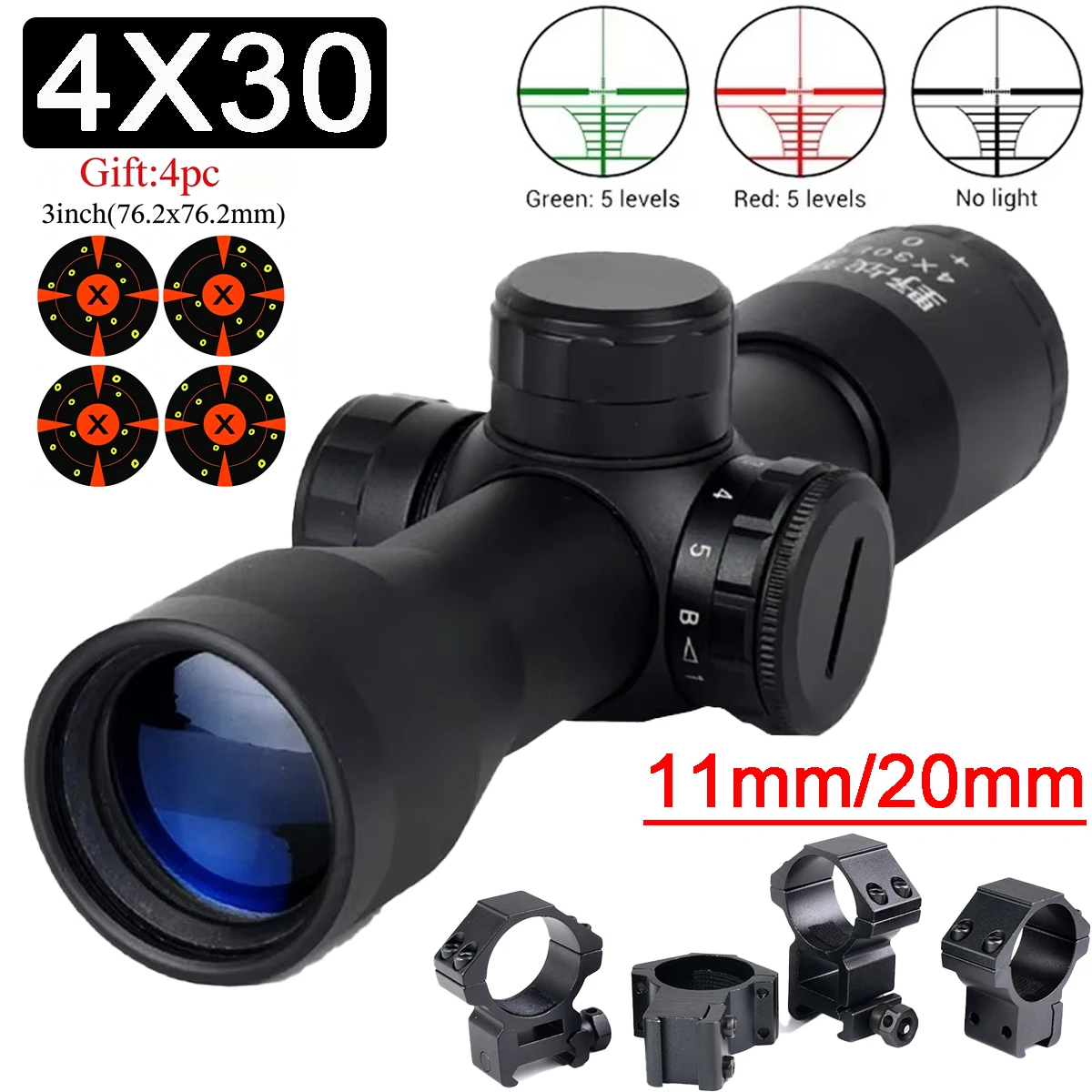Mira Táctica 4X30 Retícula Iluminada Rojo/Verde, Resistente Agua, Caza - imagen 4