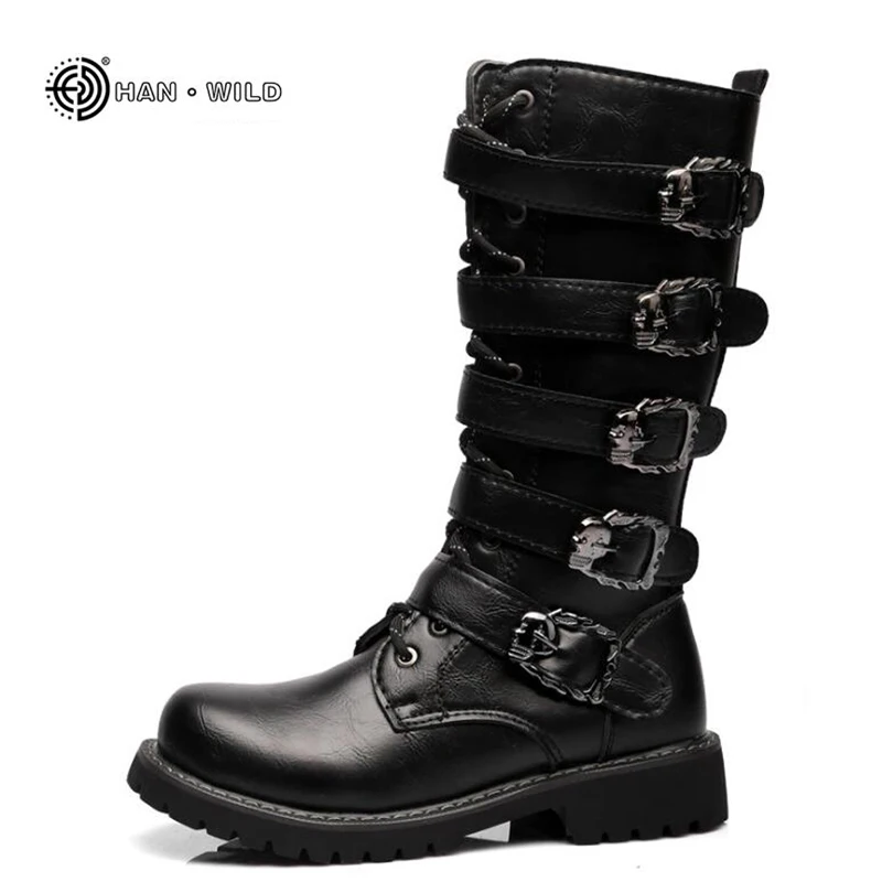 Botas de moto de invierno hombre altas de cuero PU negras