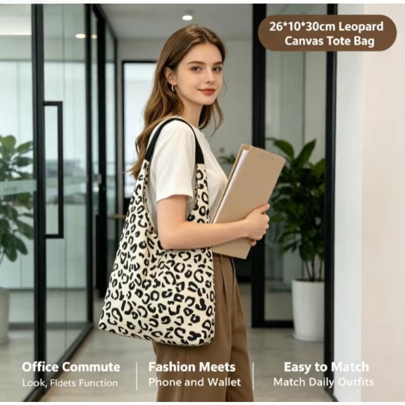 Bolso de mano lona leopardo, gran capacidad elegante casual - imagen 4