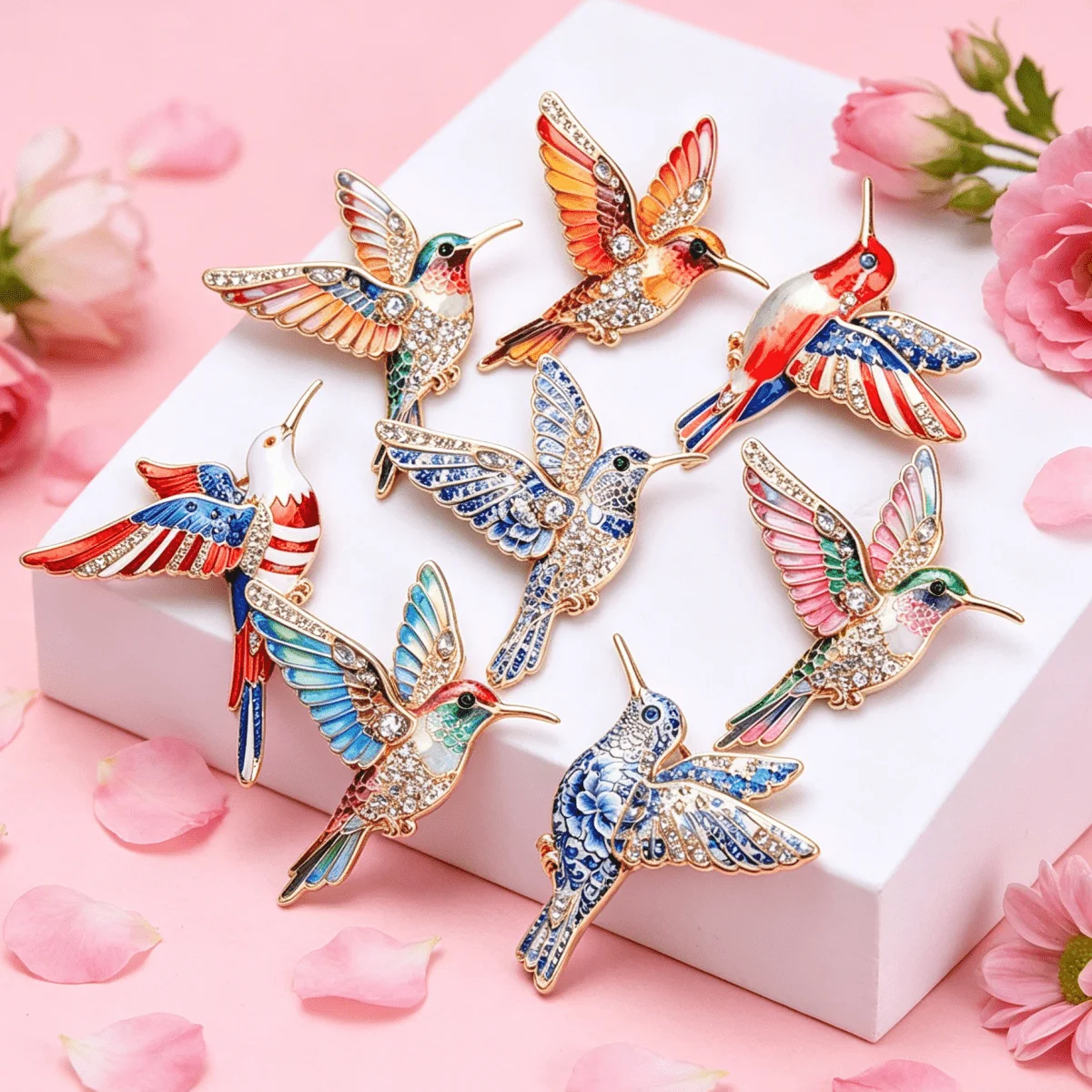Broche colibrí vintage con emaille y strass