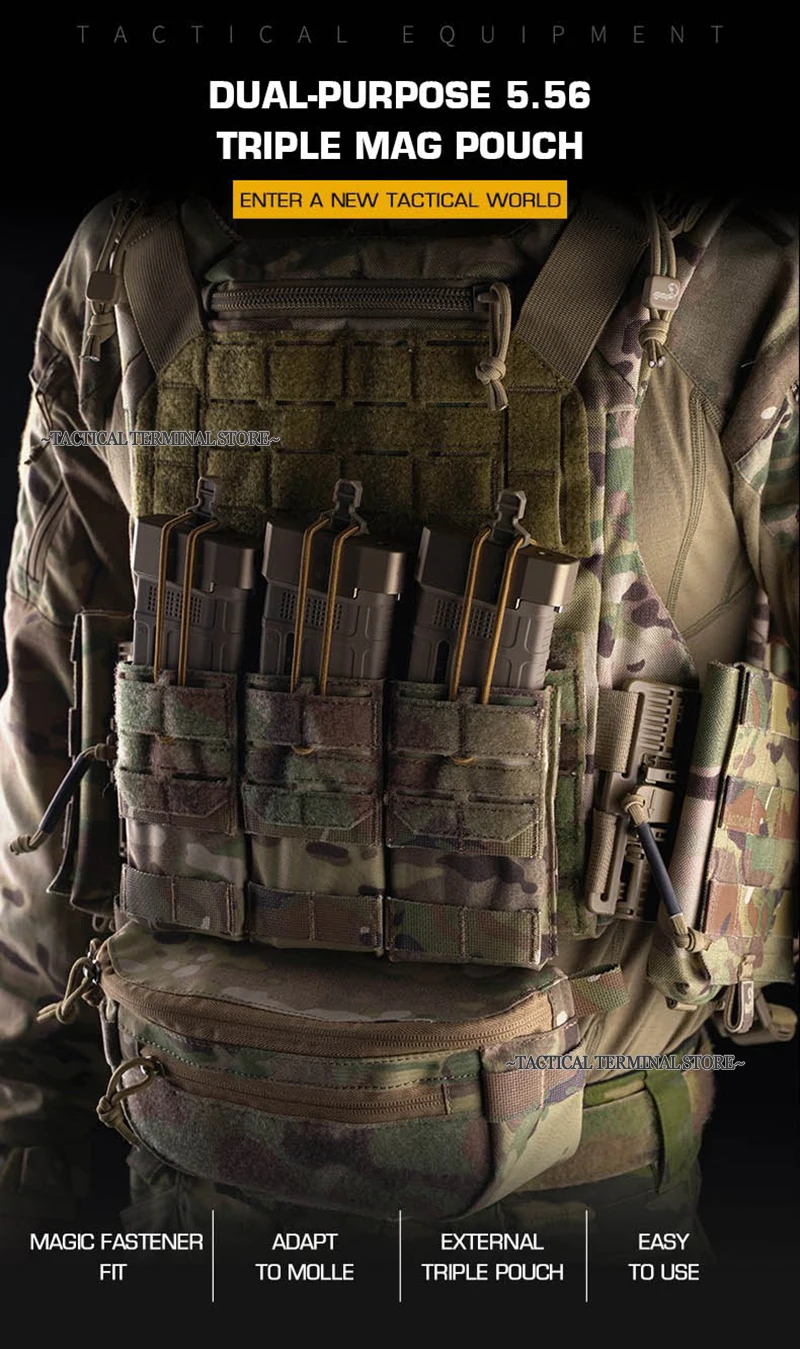 Portacargador triple MOLLE con cuerda elástica y panel frontal