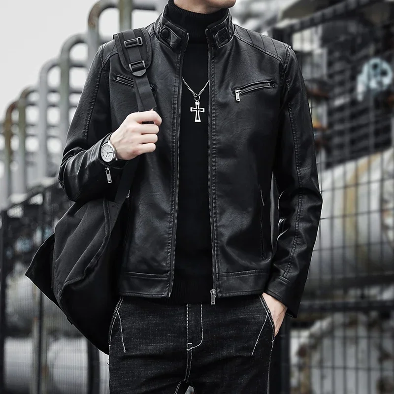 Chaqueta de motocicleta cuero PU antiviento, cuello alto - imagen 2