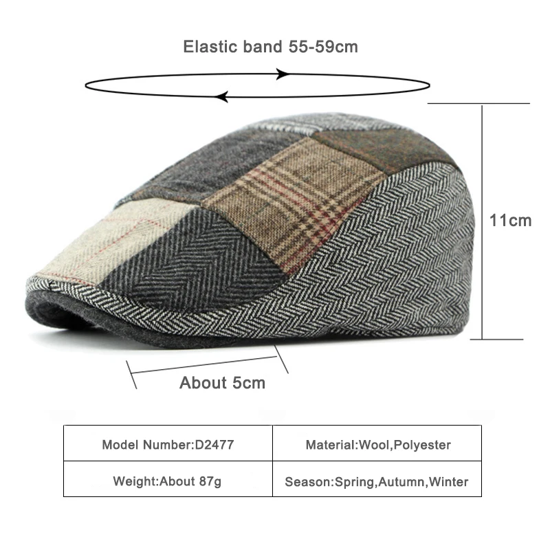 Gorra Newsboy Cuadros Hombre – Boina Twill Espiga con Parches - imagen 2