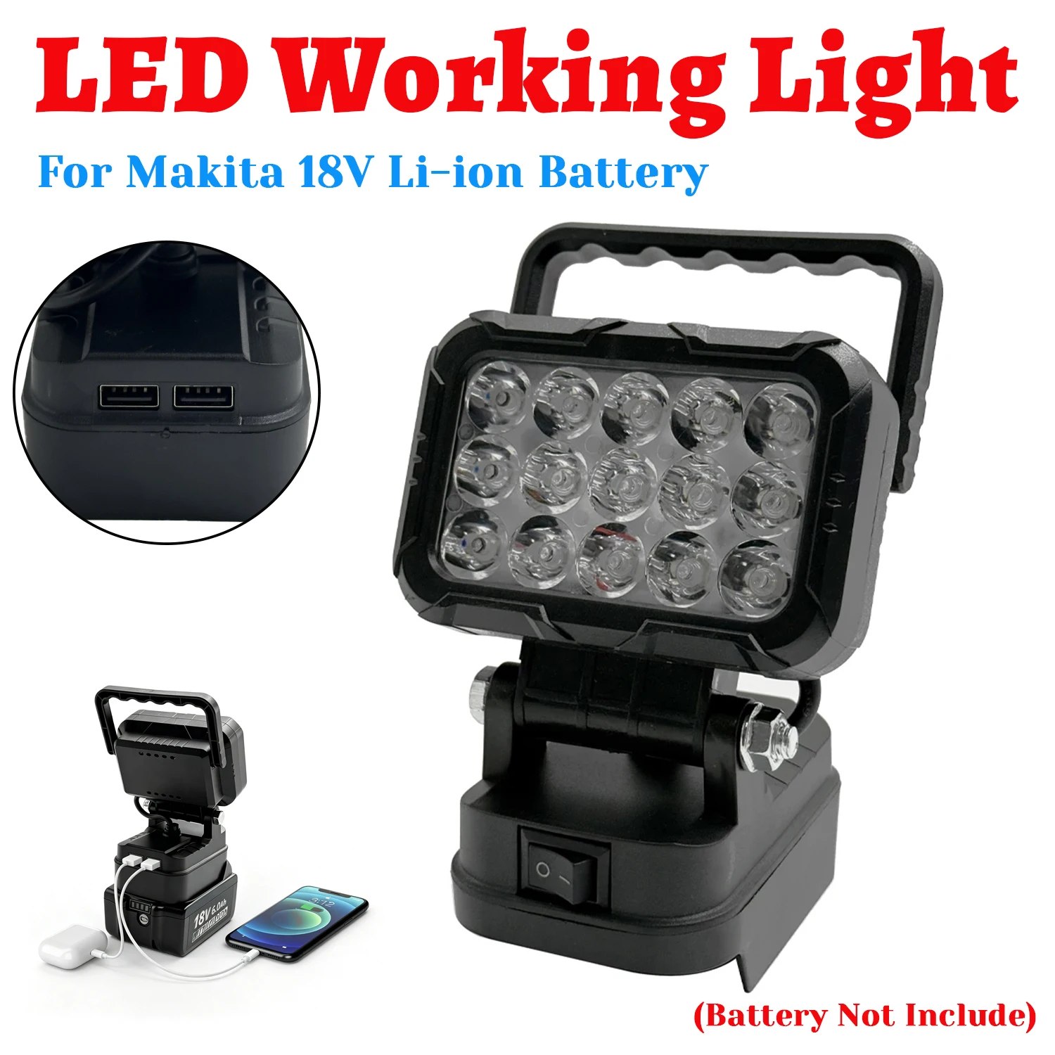 Luz LED trabajo 15W 1600LM para Makita 18V LXT – Batería Power Bank plegable
