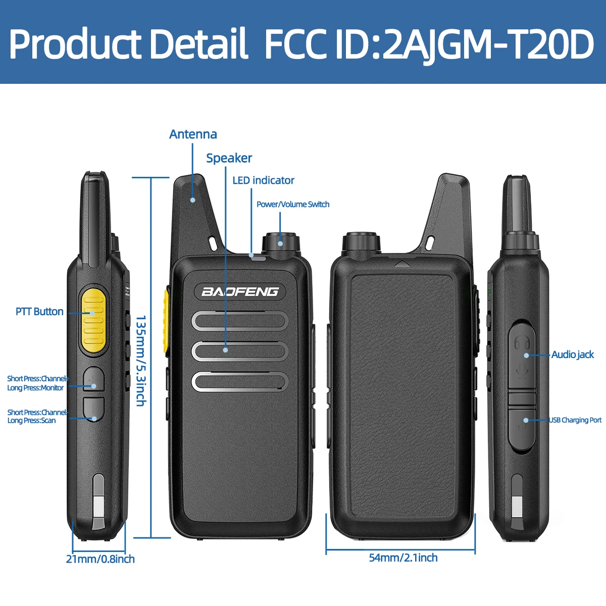 Walkie talkie mini BF-T20 portátil, VOX y carga USB - imagen 5