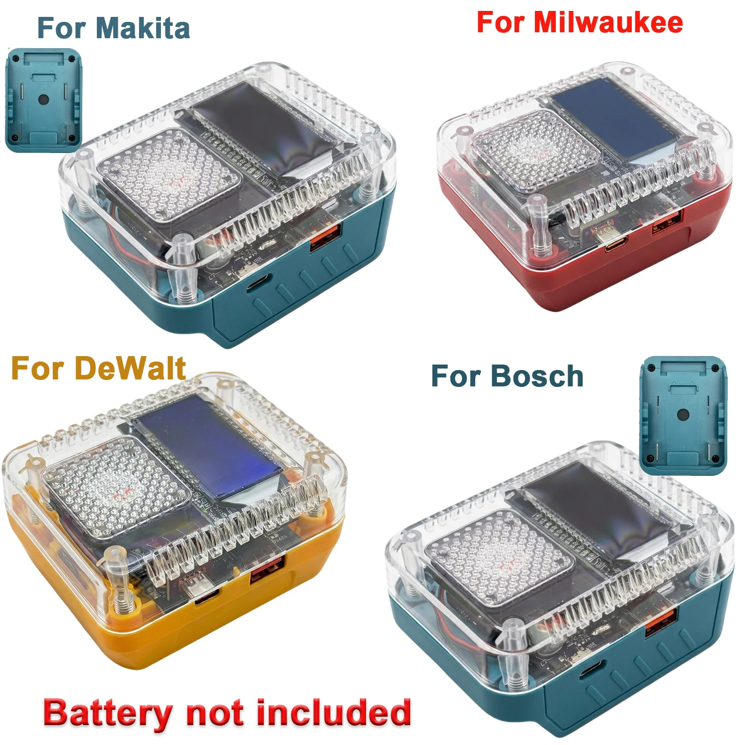 Adaptador batería Milwaukee/Makita/DeWalt/Bosch USB-C y USB-A con LED