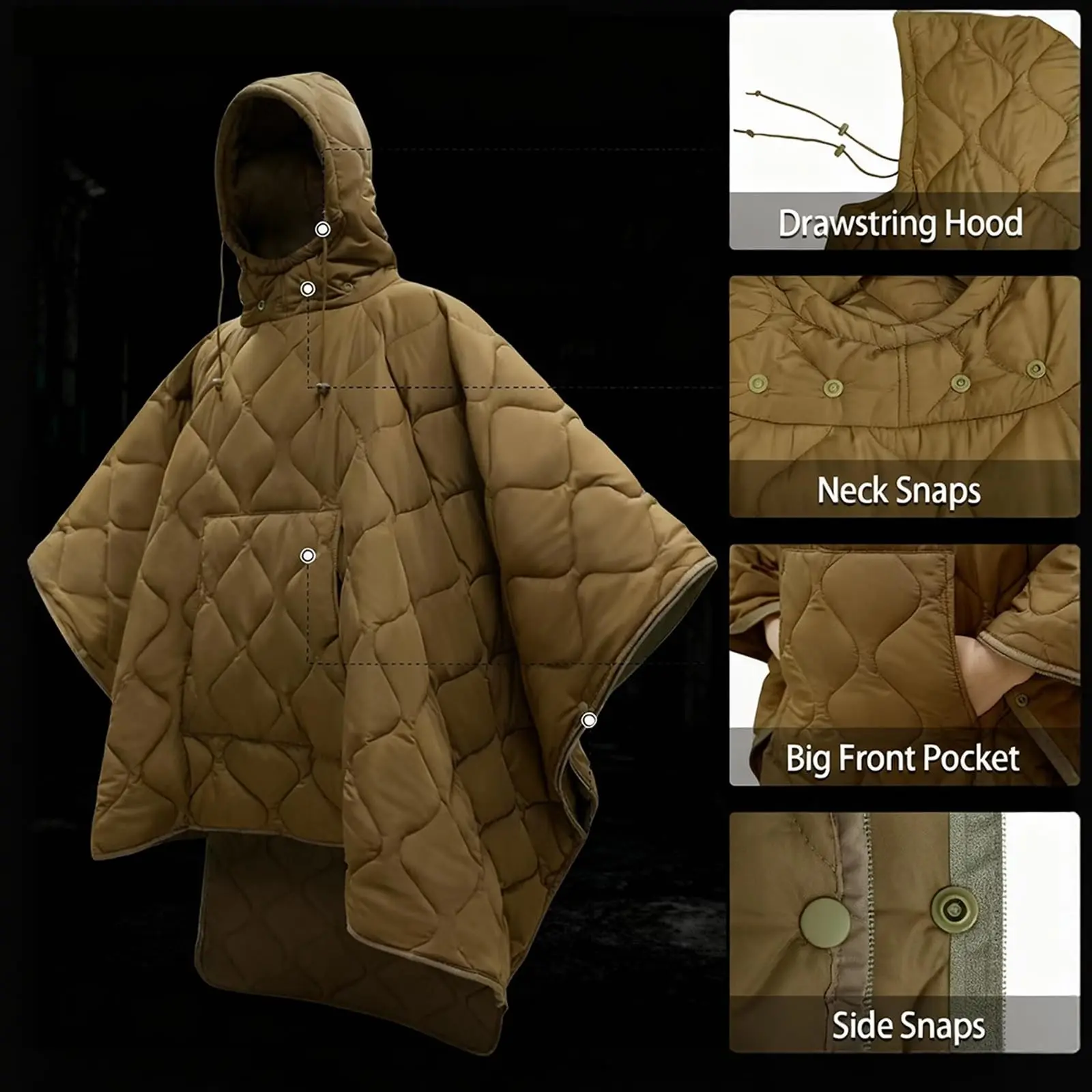 Poncho táctico woobie de camuflaje ripstop con aislamiento y viento