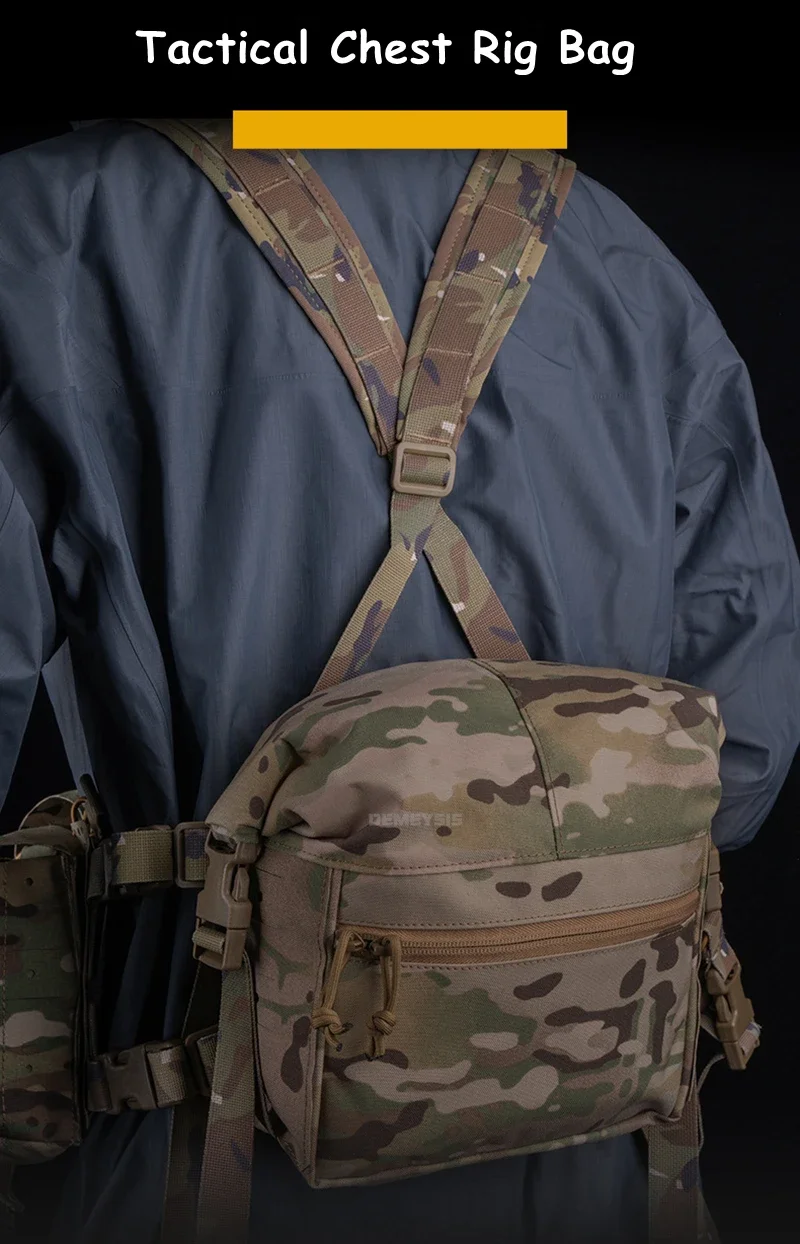 Vista frontal del chest rig táctico demeysis con sistema MOLLE