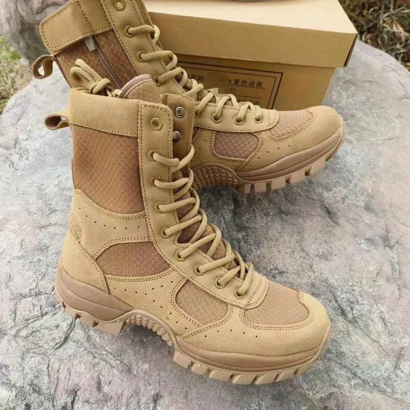 Botas tácticas de combate cuero marrón transpirable con cierre lateral