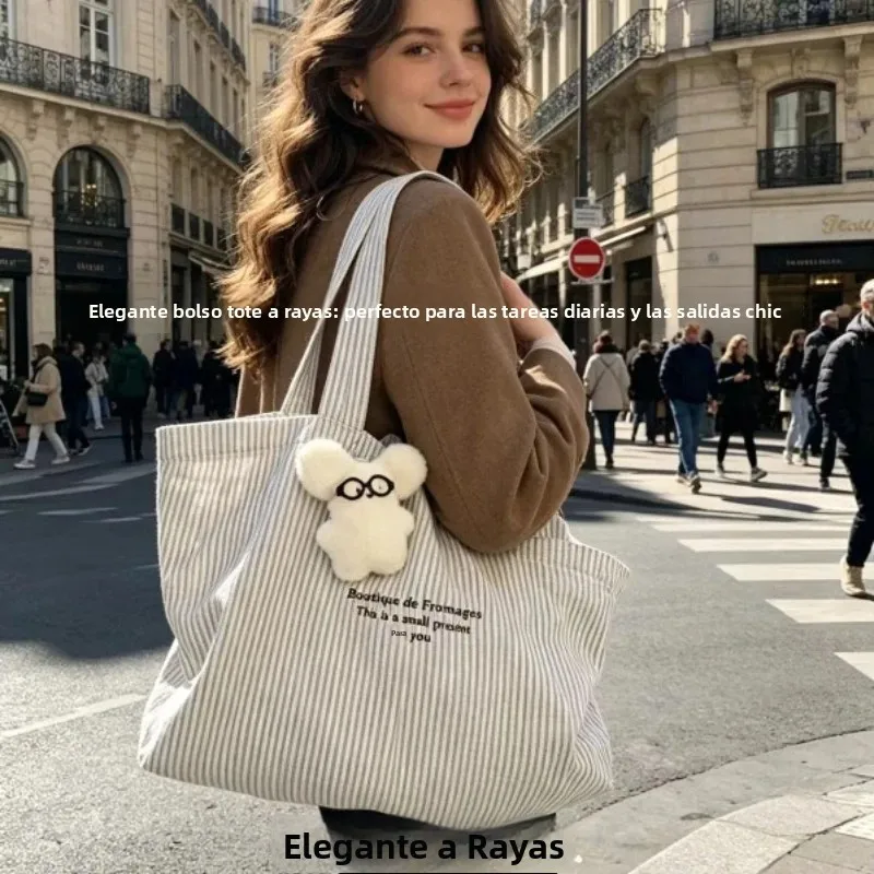 Bolso de lona a rayas gran capacidad estilo casual para el día - imagen 3