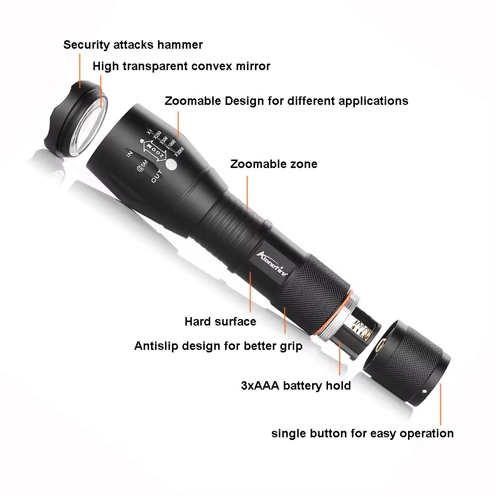 Linterna táctica LED Zoom luz blanca y azul alta potencia exteriores - imagen 5